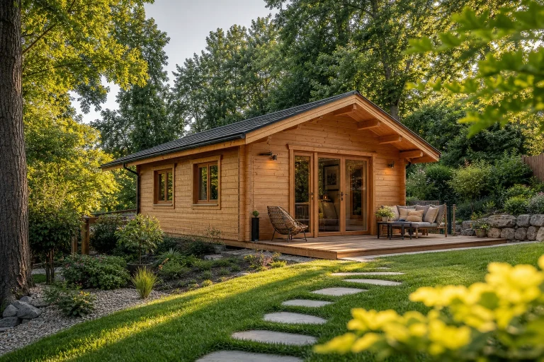un joli chalet de jardin en bois dans un jardin