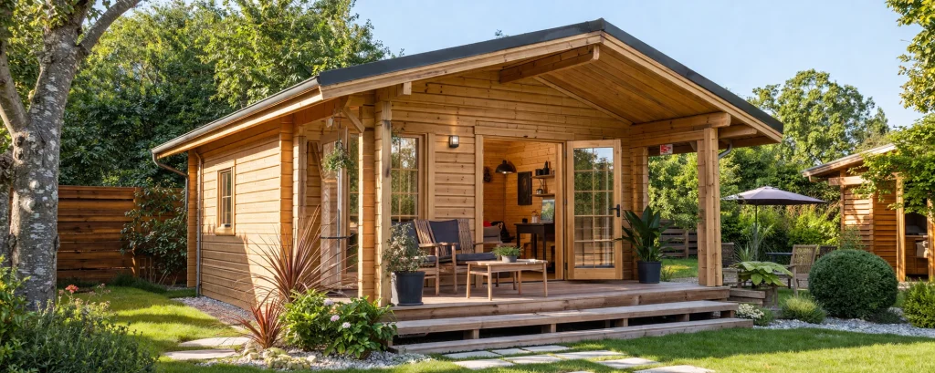 un beau chalet de bois dans une jardin